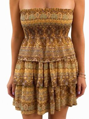 Forever 21 Y2K Boho Strapless Smocked Tiered Ruffle Mini  Dress S